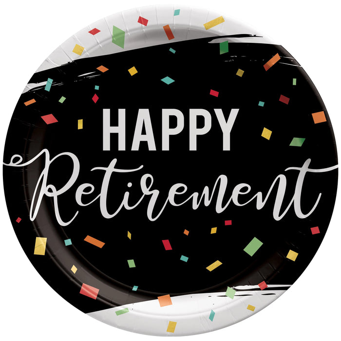 Officially Retirement 10-inch paper plates with black background, colorful confetti accents, and “Happy Retirement” script design, sold in an 8-count pack.