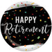 Officially Retirement 10-inch paper plates with black background, colorful confetti accents, and “Happy Retirement” script design, sold in an 8-count pack.
