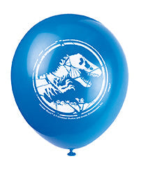 Blue 12-inch Jurassic World latex balloon with white T. rex skeleton logo.