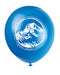 Blue 12-inch Jurassic World latex balloon with white T. rex skeleton logo.
