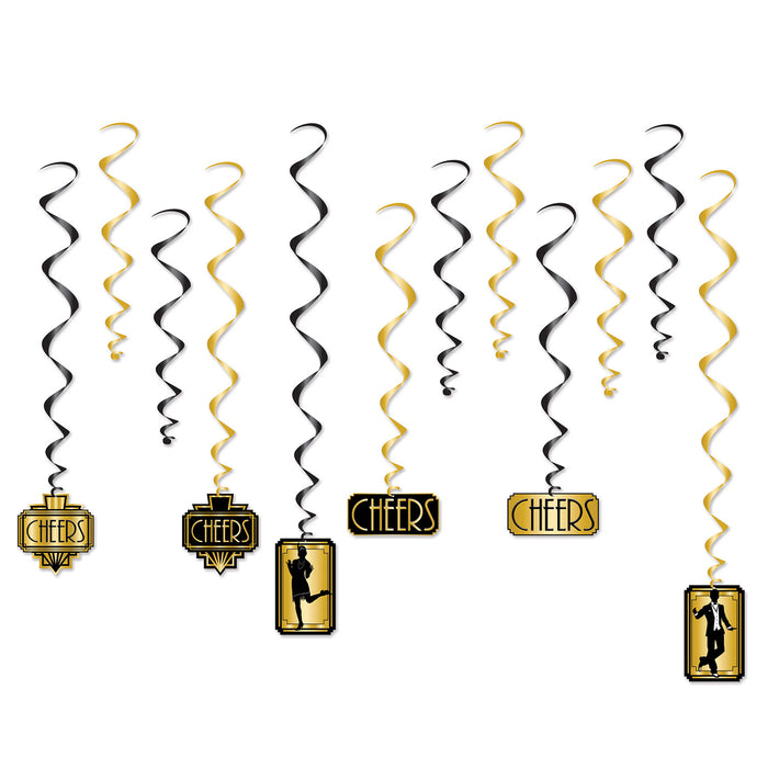 A cluster of hanging swirl decorations featuring a great 20's design. Comes in a pack of 12.