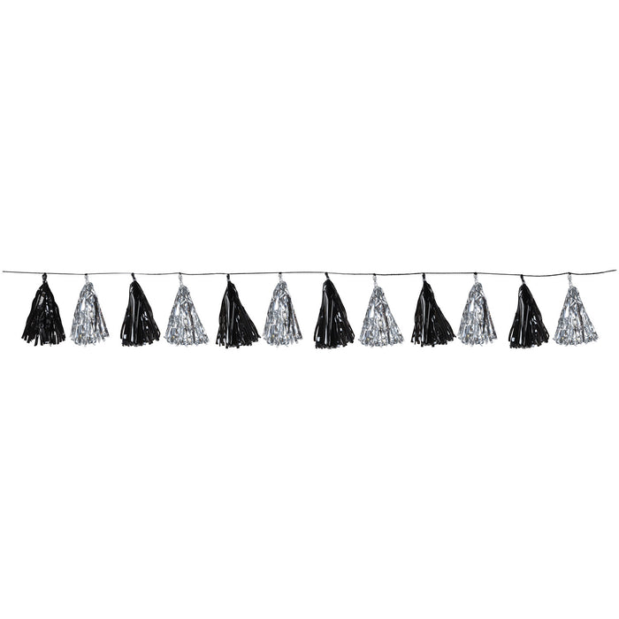 A metallic hanging garland featuring a tassel design. Sold as a single piece.