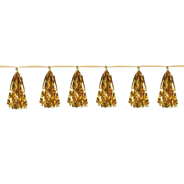 A metallic hanging garland featuring a tassel design. Sold as a single piece.