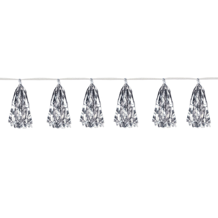 A metallic hanging garland featuring a tassel design. Sold as a single piece.