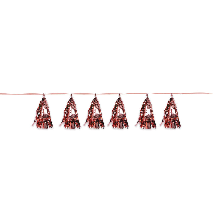 A metallic hanging garland featuring a tassel design. Sold as a single piece.