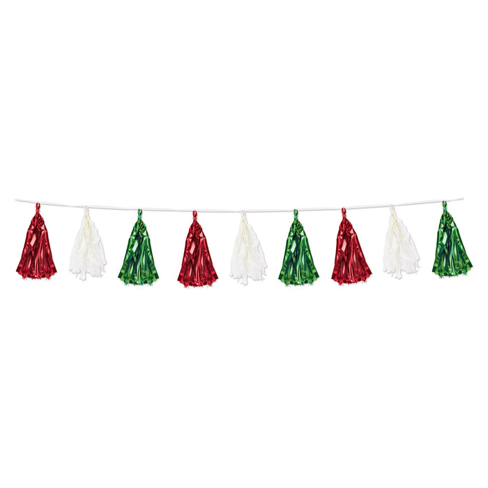 A metallic hanging garland featuring a tassel design. Sold as a single piece.