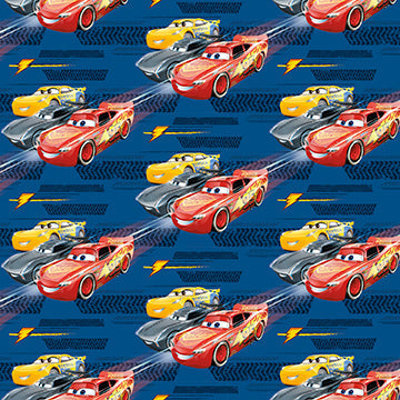 Disney Cars gift wrap with Lightning McQueen and other race cars on a dark blue background with tire tracks, lightning bolts, and motion effects.