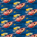Disney Cars gift wrap with Lightning McQueen and other race cars on a dark blue background with tire tracks, lightning bolts, and motion effects.