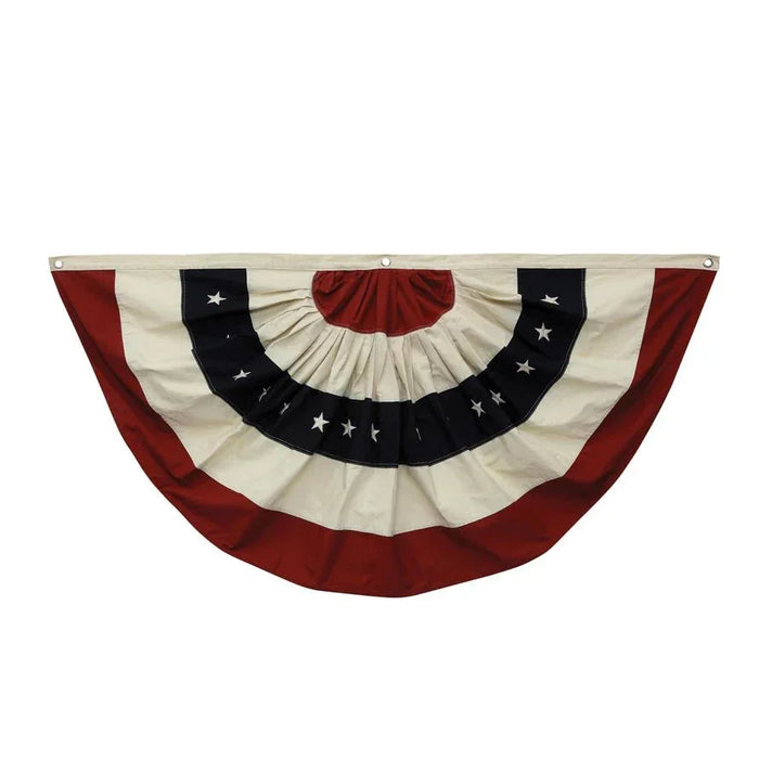 Red, white, and blue pleated bunting with white stars on black stripes and metal grommets along the top edge.