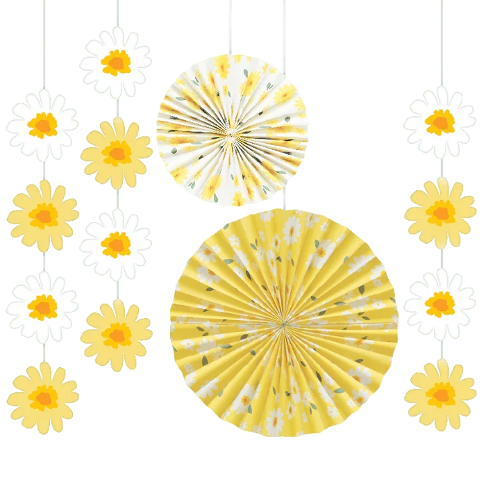 Yellow and white paper fan decorations in varying sizes arranged in a hanging display, including two large circular fans and smaller daisy-shaped fans with yellow centers.