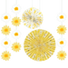 Yellow and white paper fan decorations in varying sizes arranged in a hanging display, including two large circular fans and smaller daisy-shaped fans with yellow centers.