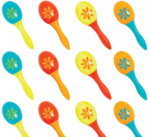 Twelve colorful plastic maracas in bright turquoise, red, yellow, and orange with coordinating handles and star-burst designs on the heads arranged in three rows of four.