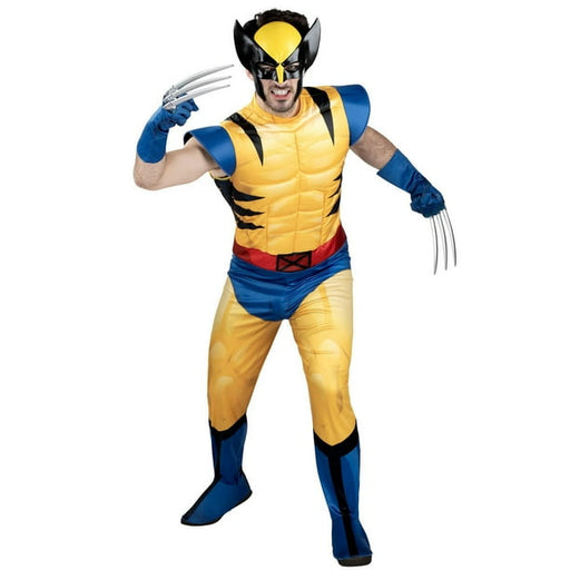 A man wearing an Adult MARVEL Wolverine Costume.