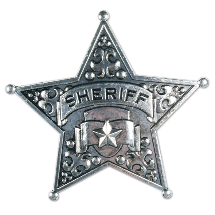 A party decoration featuring a metal sheriff badge design. Sold as a single piece.