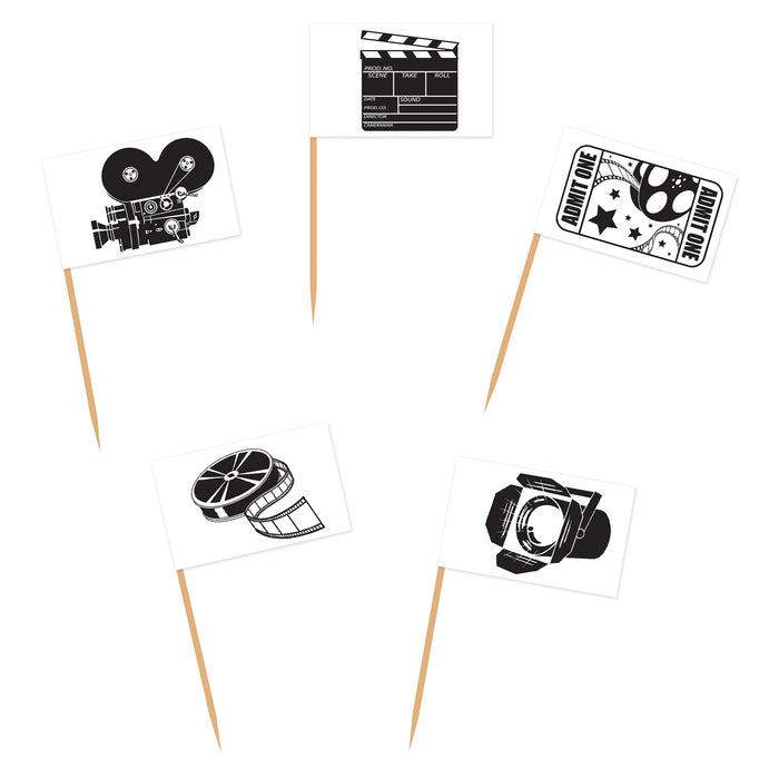 A pack of decorative food picks featuring a movie design. Comes in a pack of 50.
