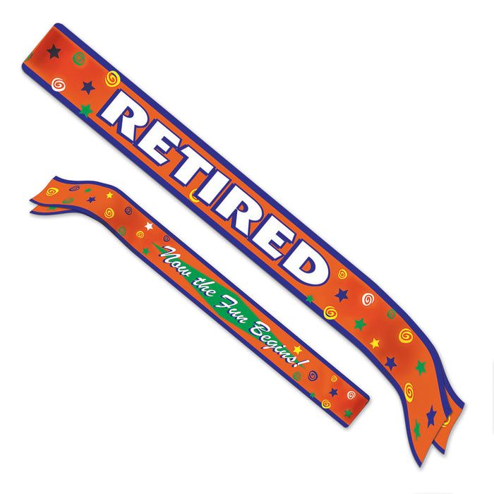 A satin sash worn across the body printed with a retired now the fun begins! design. Sold as a single piece.
