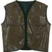 Brown faux leather vest with fringe detailing on the front and black lining, displayed open to show the interior.
