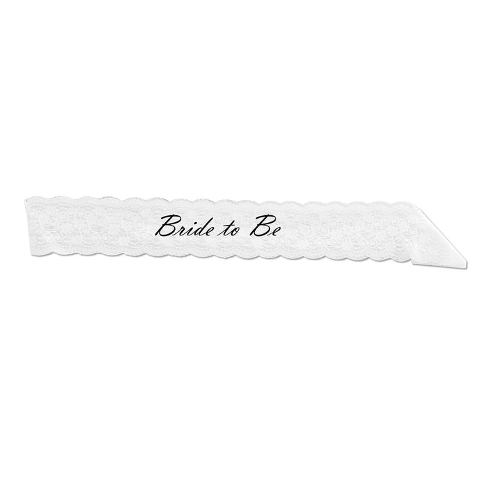 A lace satin sash worn across the body printed with a bride to be design. Sold as a single piece.