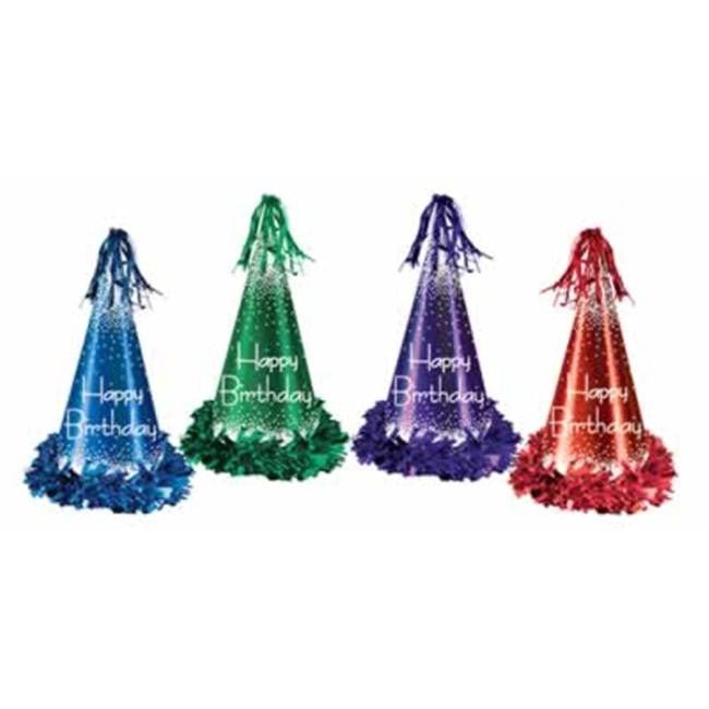 Four tall cone-shaped party hats in blue, green, purple, and red with "Happy Birthday" text and matching fringe trim at the base and top.