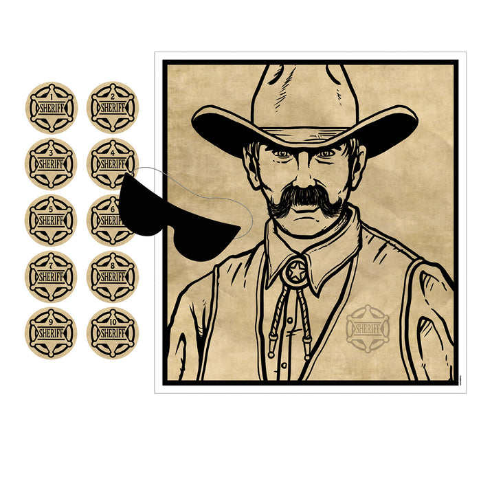 A party game poster printed with a pin the badge on the sheriff design. Sold as a single piece.
