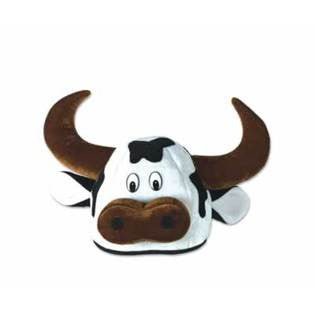 Plush cow head hat with brown horns, white face with black nose and sunglasses, and brown ears on a white background.