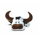 Plush cow head hat with brown horns, white face with black nose and sunglasses, and brown ears on a white background.