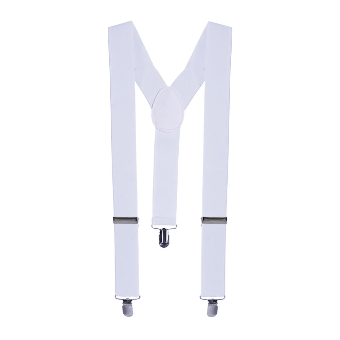A white pair of suspenders. Sold as a single piece.