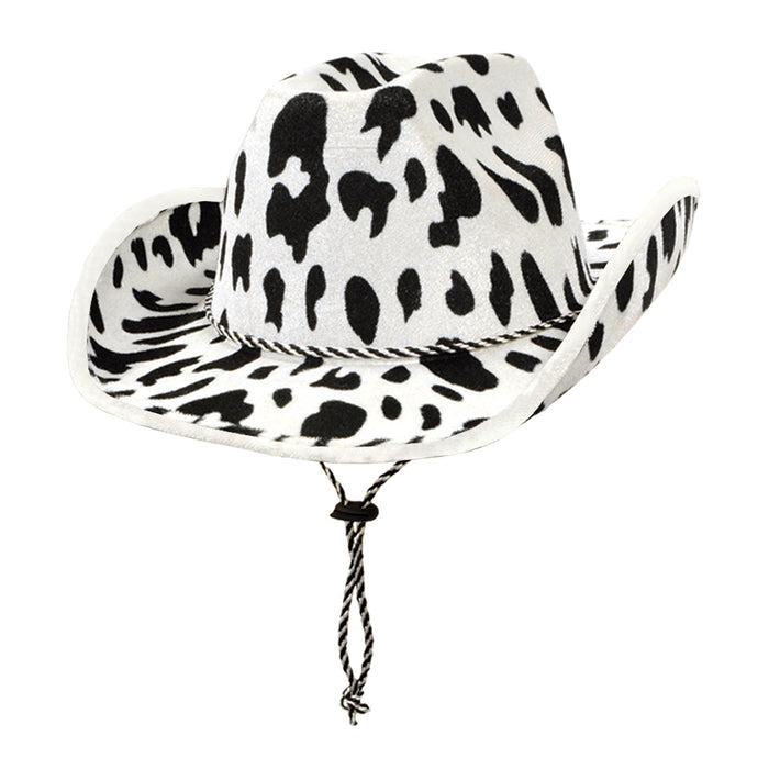 A cow print cowboy hat. Sold as a single piece.