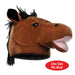 An image of a plush horse head hat with a graphic that reads One size fits most.