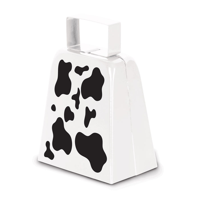 A cow print novelty cowbell. Sold as a single piece.