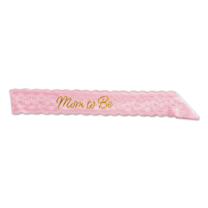 A lace satin sash worn across the body printed with a mom to be design. Sold as a single piece.
