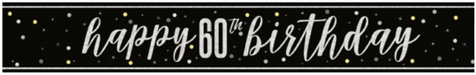 Black banner with white and gold confetti dots and white script text reading "happy 60th birthday" on a gold stripe.