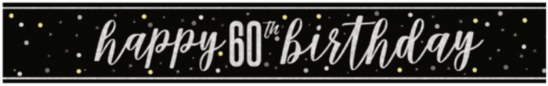 Black banner with white and gold confetti dots and white script text reading "happy 60th birthday" on a gold stripe.