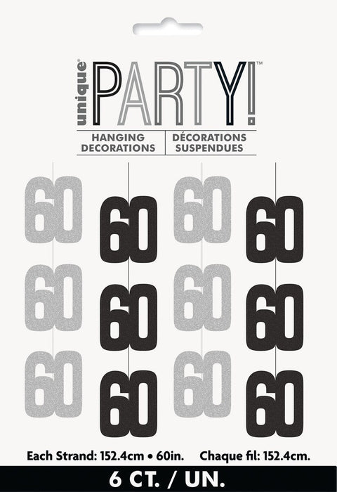 Package of six hanging decorations featuring alternating silver glitter and black number "60" designs, each strand measuring 152.4 centimeters, for 60th birthday celebrations.
