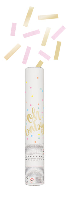 Pink and gold Oh Baby confetti cannon with white tube, gold script lettering, colorful dots, and pink and gold rectangular confetti.
