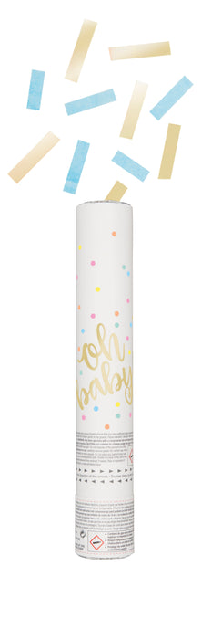 Blue and gold Oh Baby confetti cannon with white tube, gold script lettering, colorful dots, and blue and gold rectangular confetti.