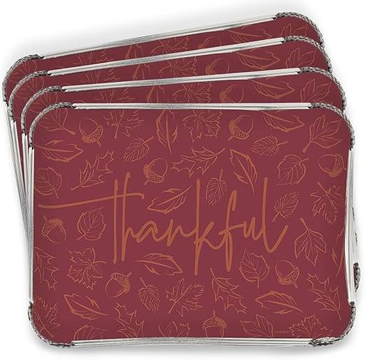 A four pack of Thanksgiving Elegant Foil Take Home Containers with lids.
