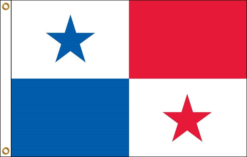 Panama flag with blue and red quarters divided by a vertical center line, each quarter featuring a centered star in contrasting color.