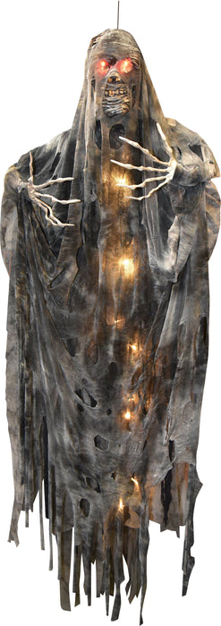 Full-length product photo of the 6 Ft. Hanging Light-Up Creepy Mummy, shown against a plain white background — with light-up details. A Halloween decoration.