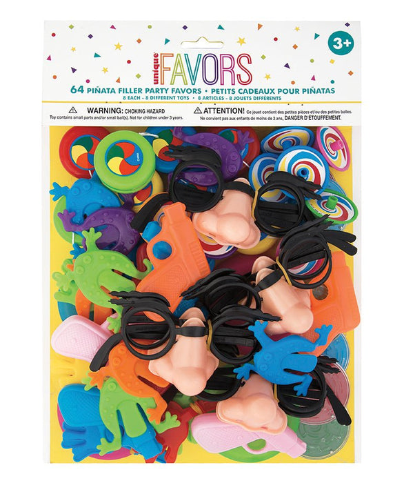 Colorful package of 64 pinata filler party favors containing black sunglasses, colorful plastic toys, and spinning rings arranged on a bright yellow background.