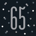 Large gray number 65 centered on black napkin with scattered gray and white decorative dots surrounding it.