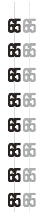 Six hanging decorations displaying the number 65 in alternating black and gray, suspended from thin strings against a white background.
