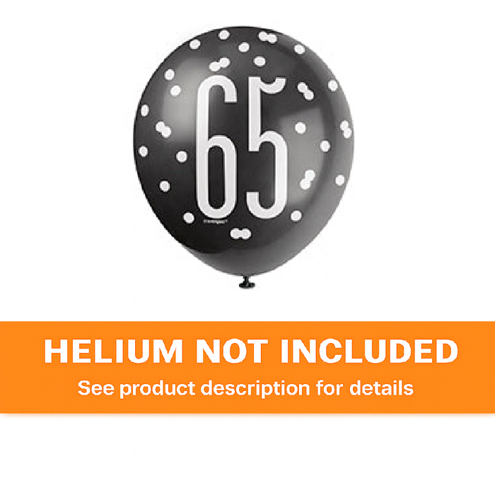 Black balloon with white polka dots and number 65 on a white background with an orange banner stating 'Helium not included'.