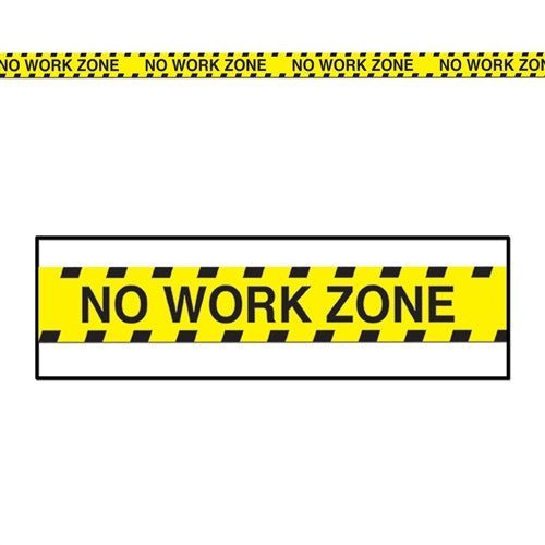 Yellow and black striped caution tape labeled "NO WORK ZONE" displayed both as a continuous roll at the top and as a packaged roll shown in a white rectangular box below.