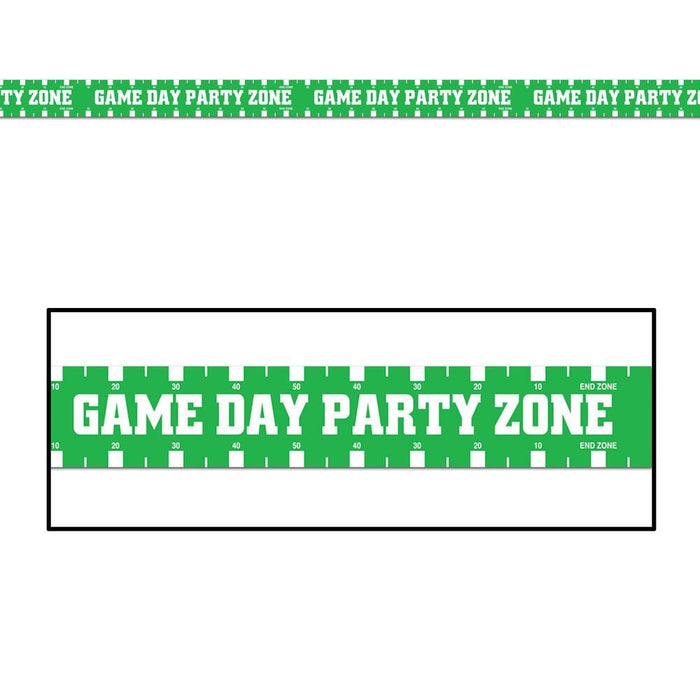 Green and white decorative tape with football field markings and "Game Day Party Zone" text repeated across the roll.