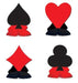 Four playing card suit centerpieces with black fringe bases featuring a spade, heart, diamond, and club in red and black.