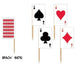 Set of 50 decorative toothpicks featuring playing card designs in spades, hearts, clubs, and diamonds suits on wooden picks, with a red patterned card back shown for reference.