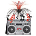 Retro silver boom box centerpiece with dual cassette decks, dual turntables, red tape cassette, and red and black musical note decorations erupting from the top.