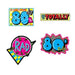 Four colorful 1980s-themed cardboard cutouts featuring bright blue numbers, neon pink and yellow text reading "Awesome 80s," "Totally," "Rad," and "80s Rules" with retro geometric patterns and checkered designs.