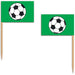 Two green rectangular flag picks with wooden stems, each featuring a black and white soccer ball design.
